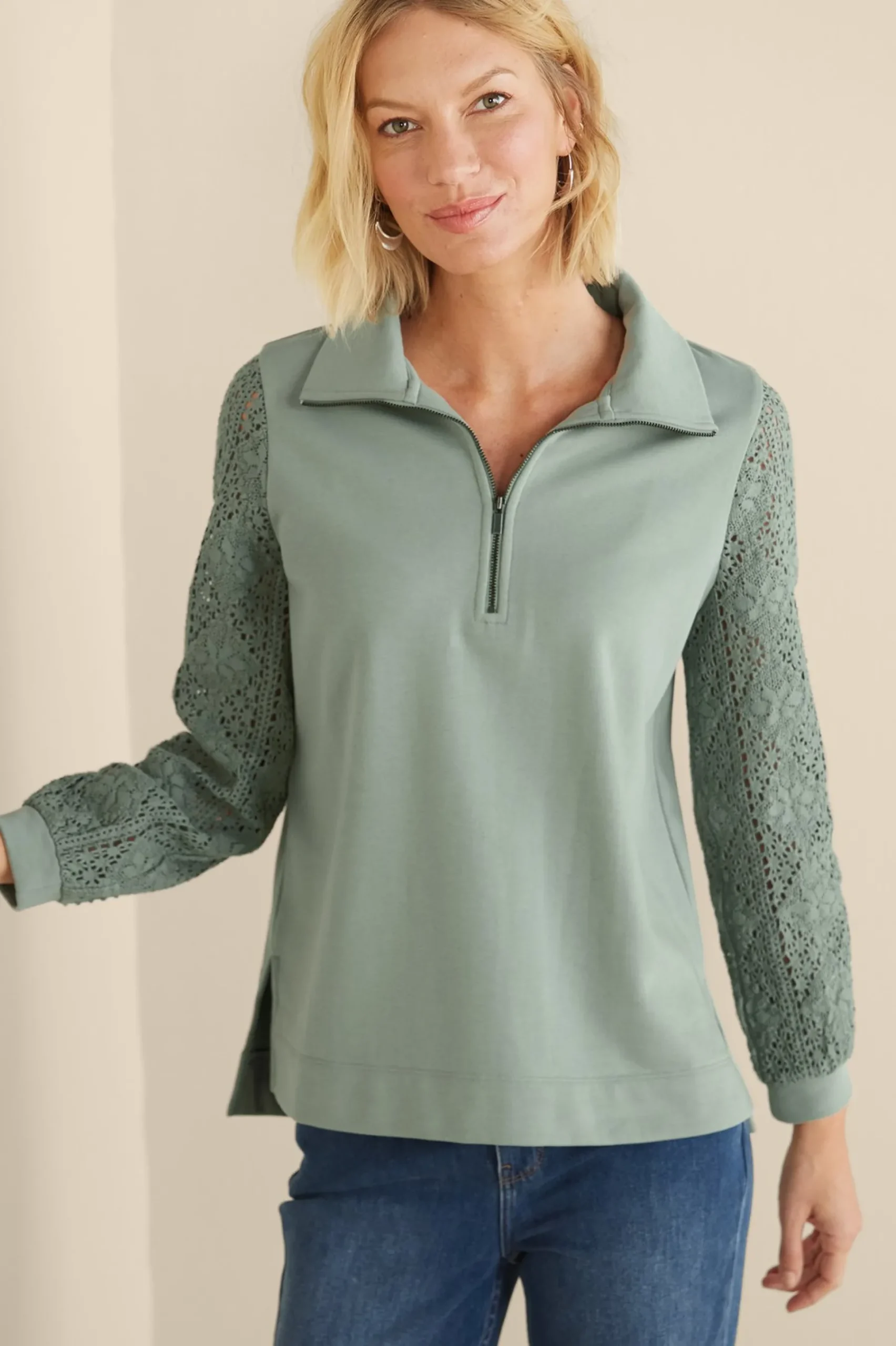 Soft Surroundings Crochet Sleeve French Terry Tunic> Feminine Flourish|Wear Now Styles