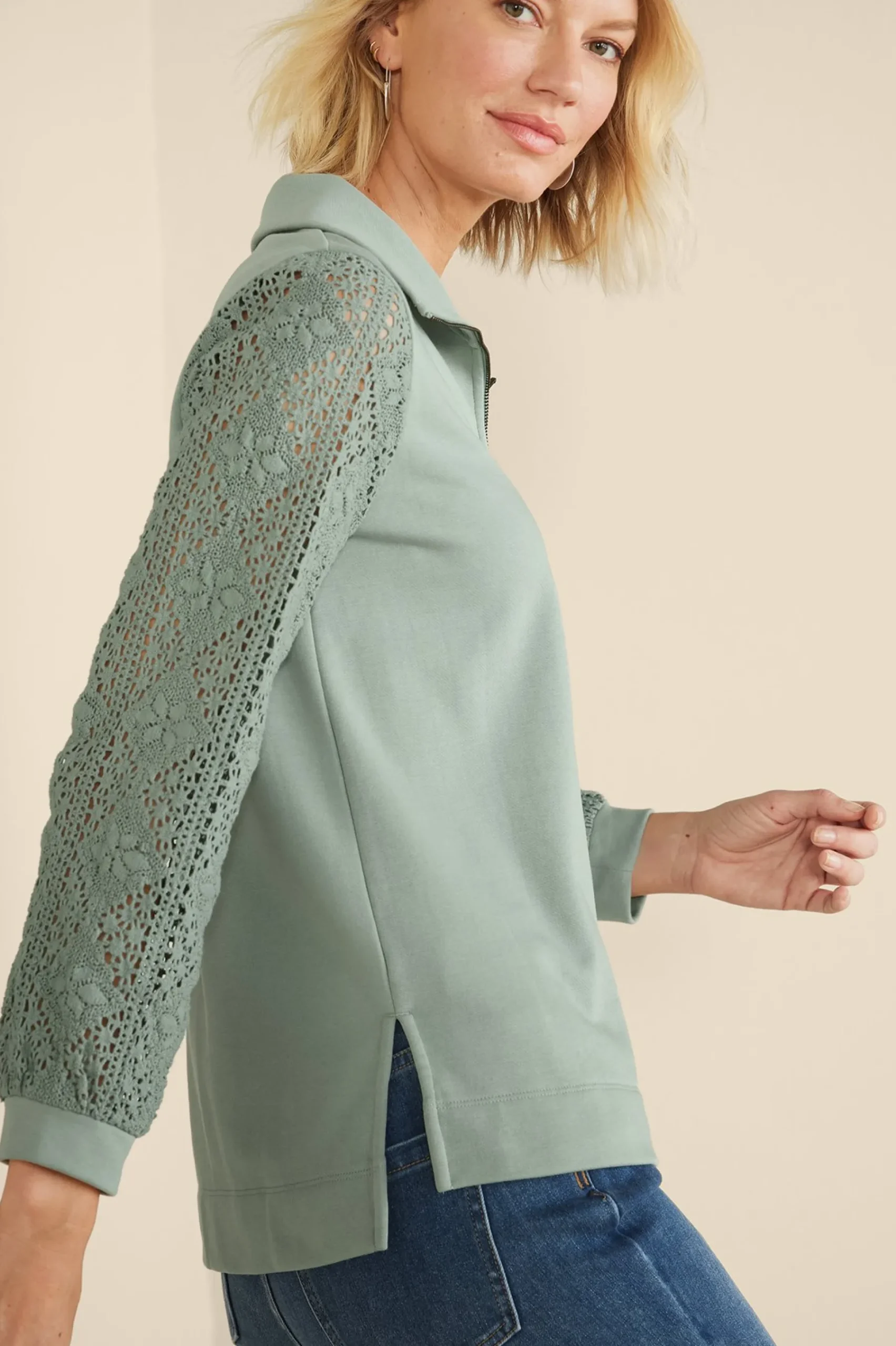Soft Surroundings Crochet Sleeve French Terry Tunic> Feminine Flourish|Wear Now Styles