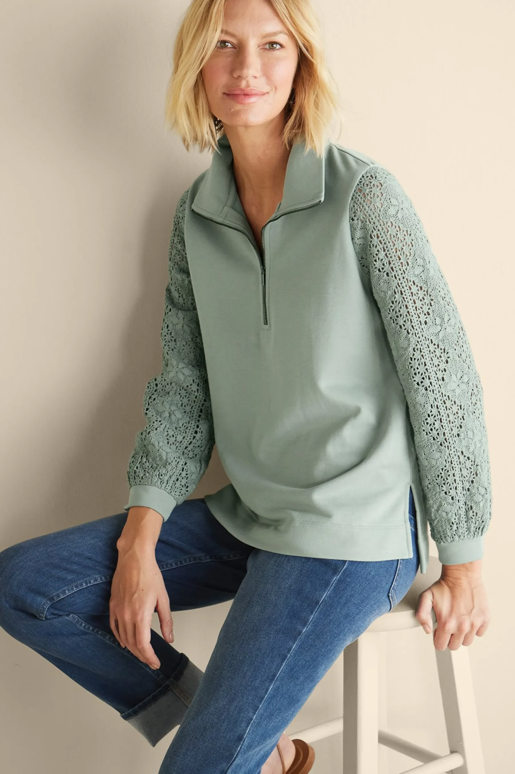 Soft Surroundings Crochet Sleeve French Terry Tunic> Feminine Flourish|Wear Now Styles