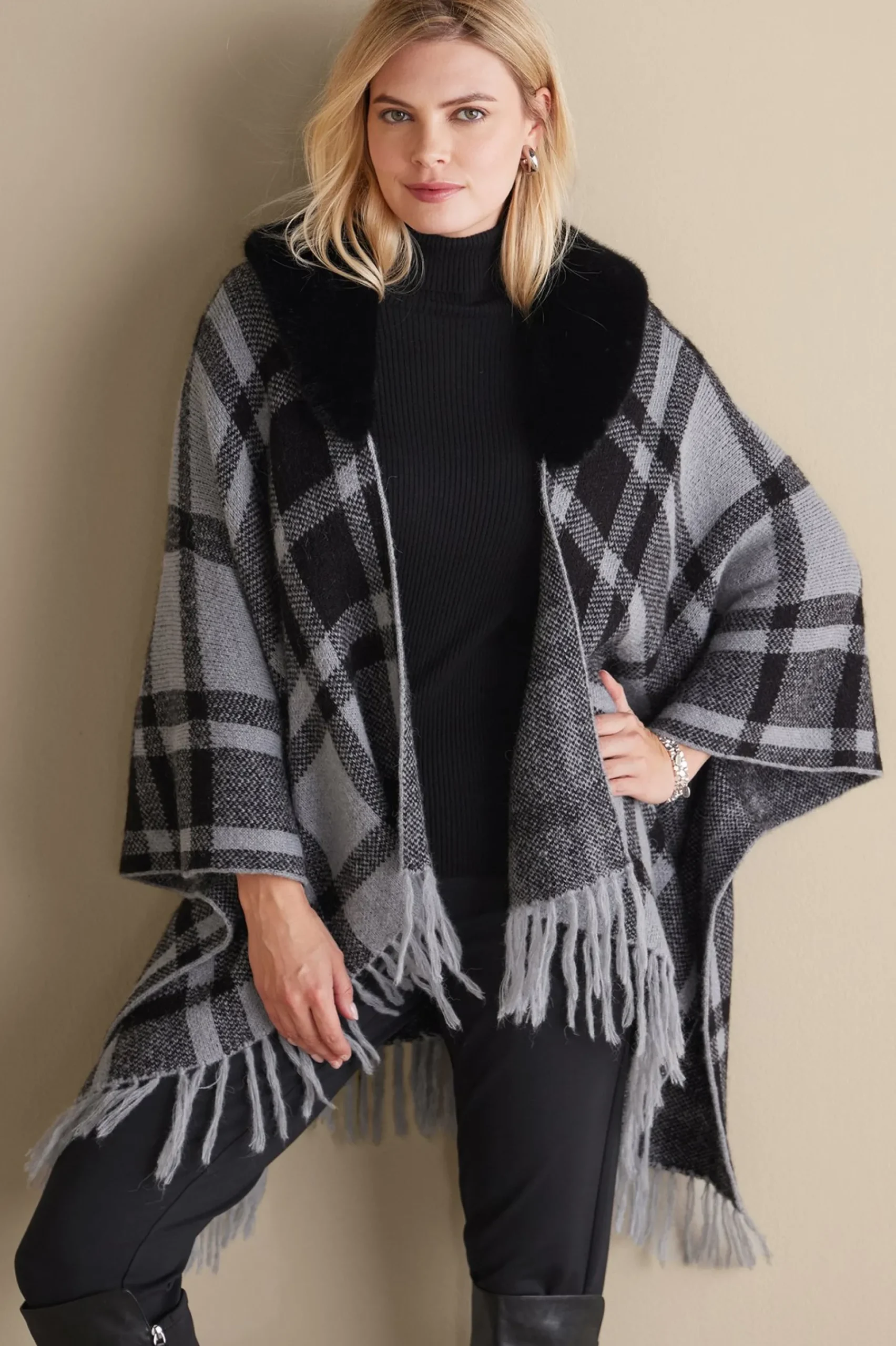 Soft Surroundings Demetria Plaid Poncho with Fur Collar> Scarves & Wraps