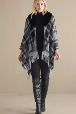 Soft Surroundings Demetria Plaid Poncho with Fur Collar> Scarves & Wraps