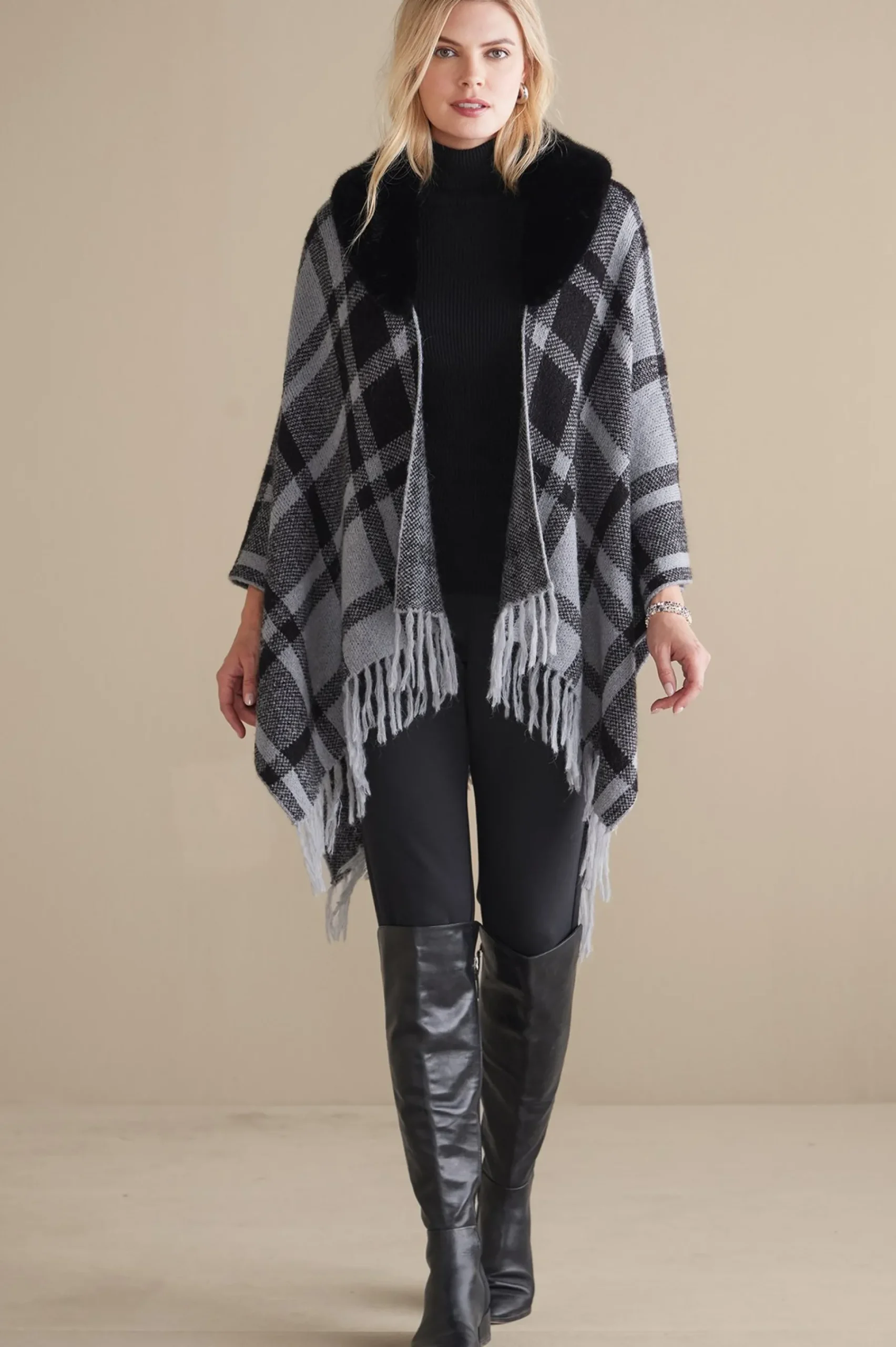 Soft Surroundings Demetria Plaid Poncho with Fur Collar> Scarves & Wraps