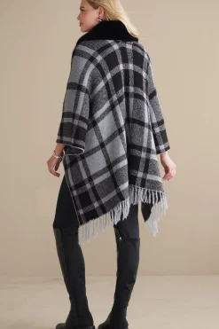 Soft Surroundings Demetria Plaid Poncho with Fur Collar><noscript><img width=