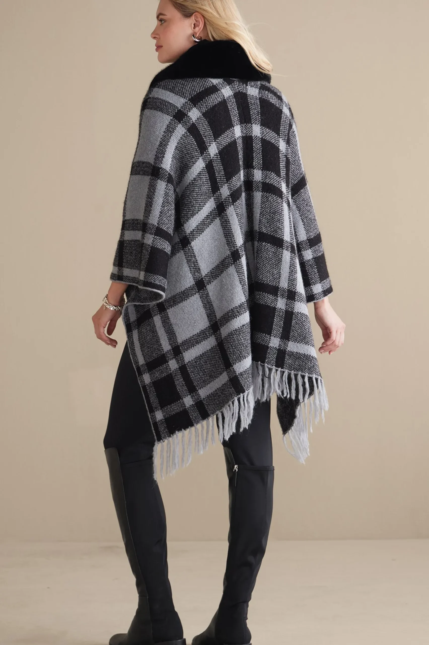 Soft Surroundings Demetria Plaid Poncho with Fur Collar> Scarves & Wraps