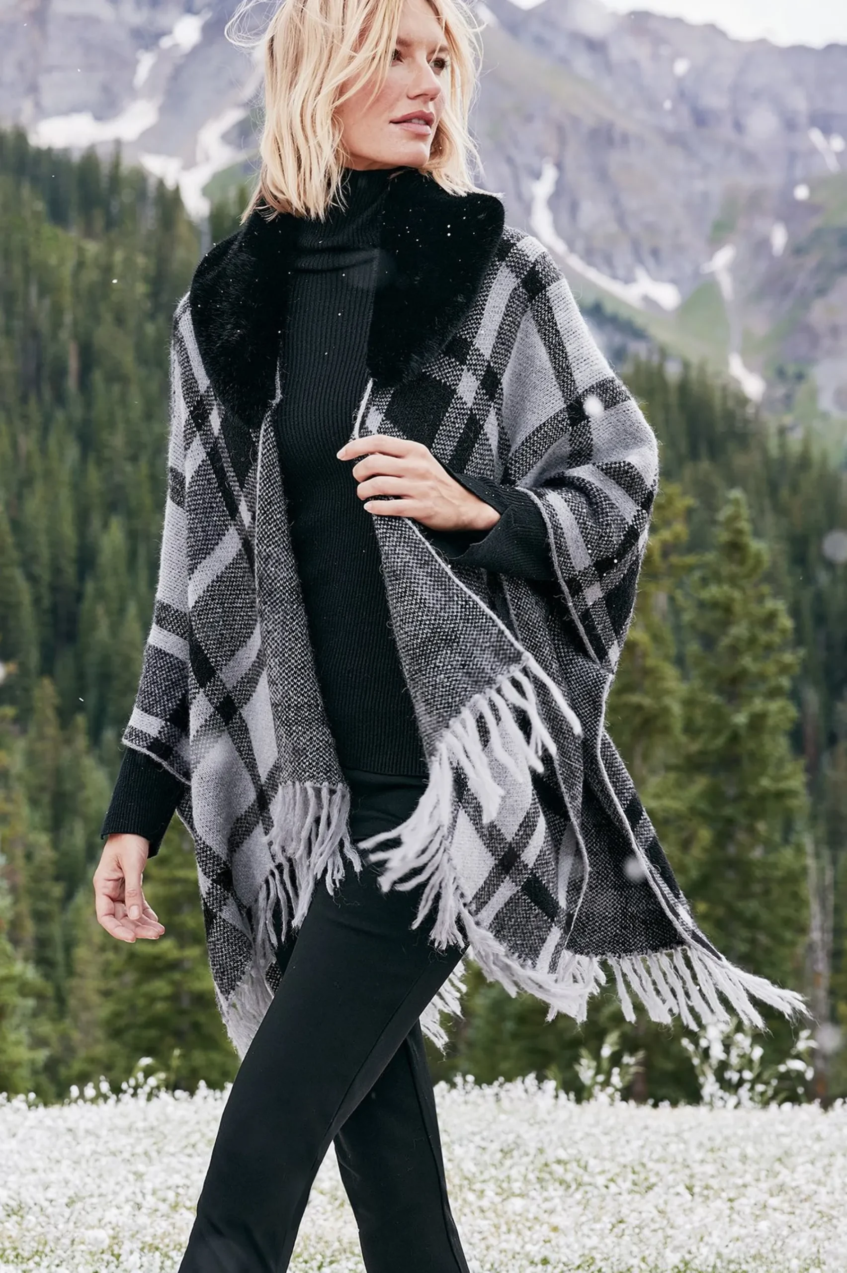 Soft Surroundings Demetria Plaid Poncho with Fur Collar> Scarves & Wraps