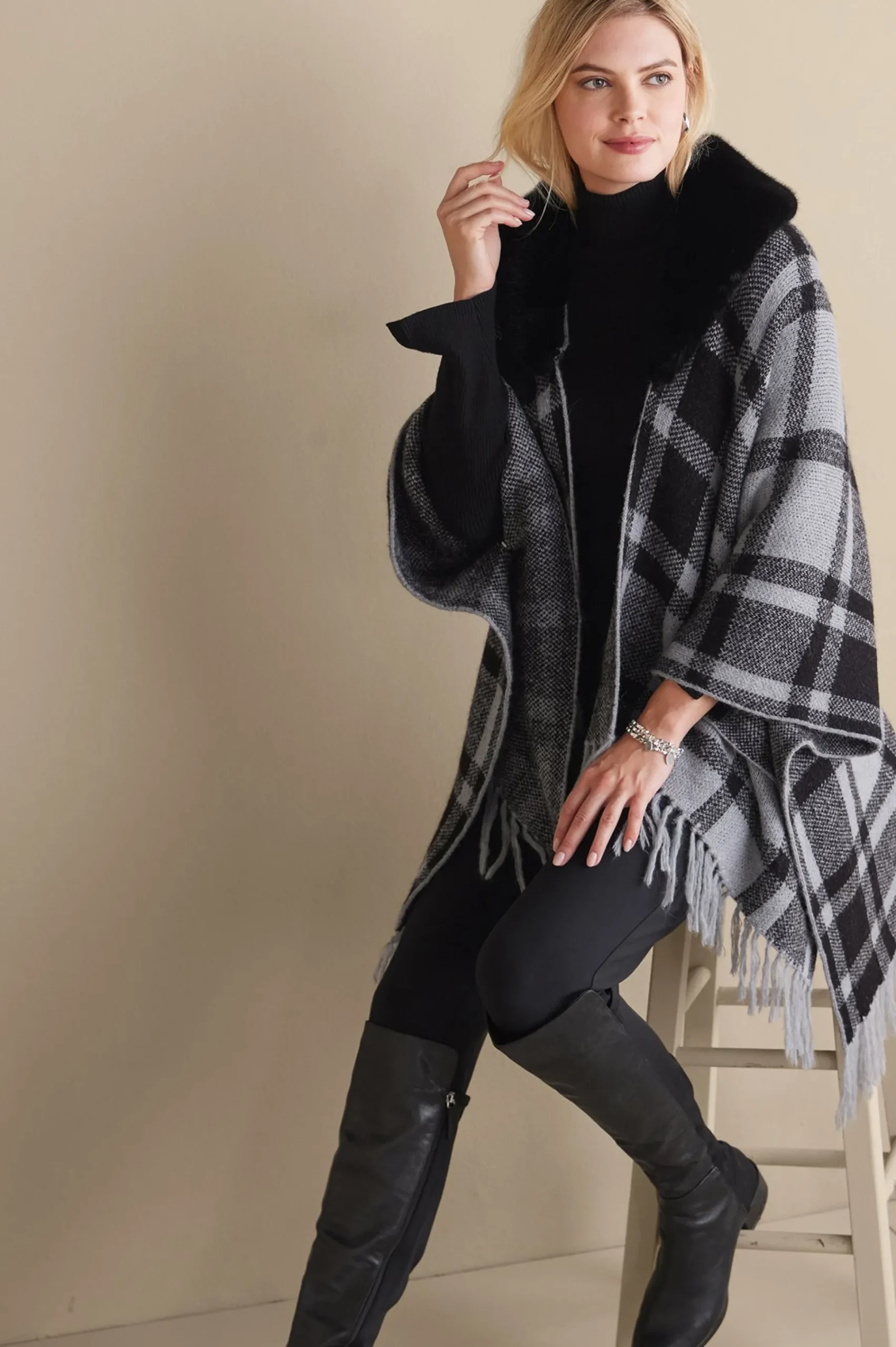 Soft Surroundings Demetria Plaid Poncho with Fur Collar> Scarves & Wraps