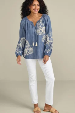 Soft Surroundings Diya Embroidered TENCEL™ Peasant Top> Feminine Flourish|Into The Blues