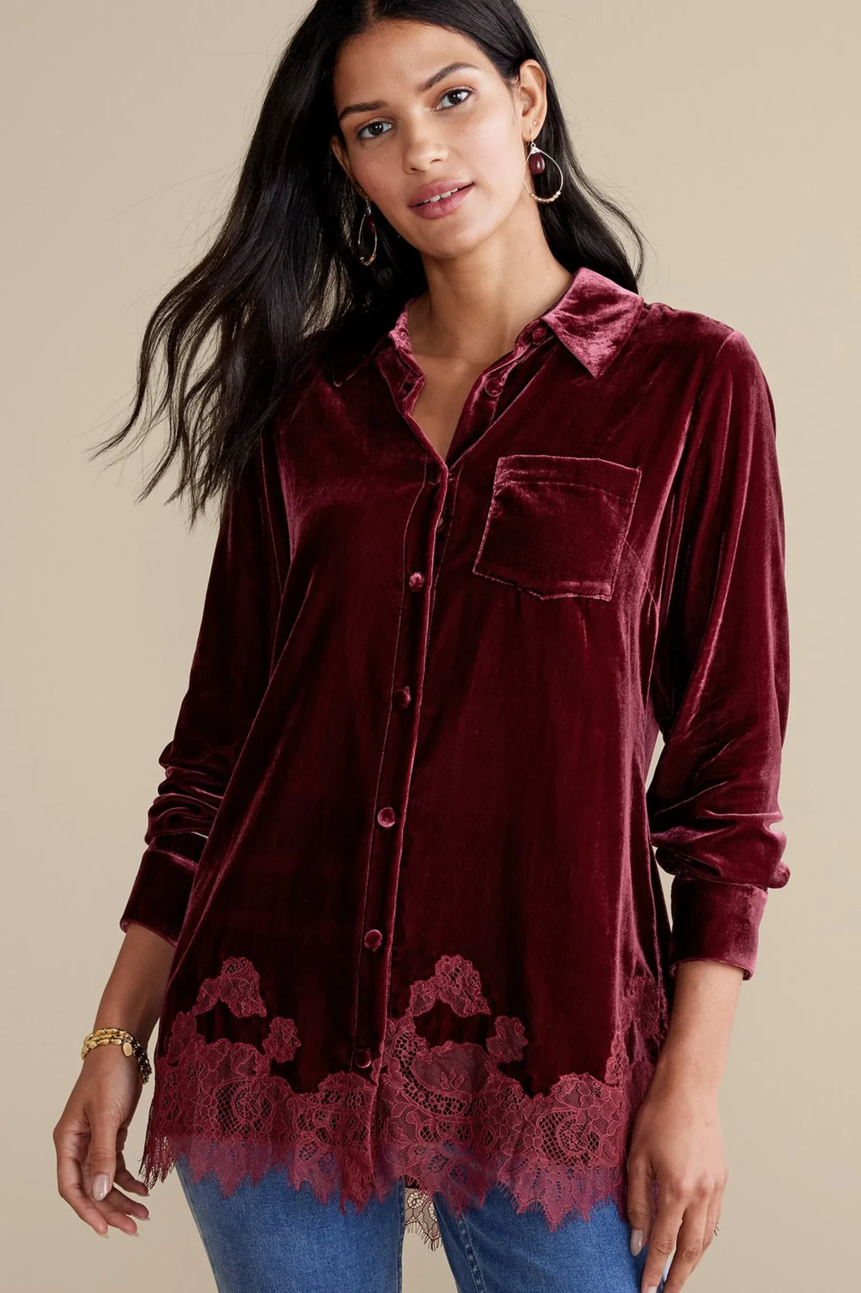 Soft Surroundings Eden Velvet & Lace Shirt> Everyday Styles|EVelvet Styles