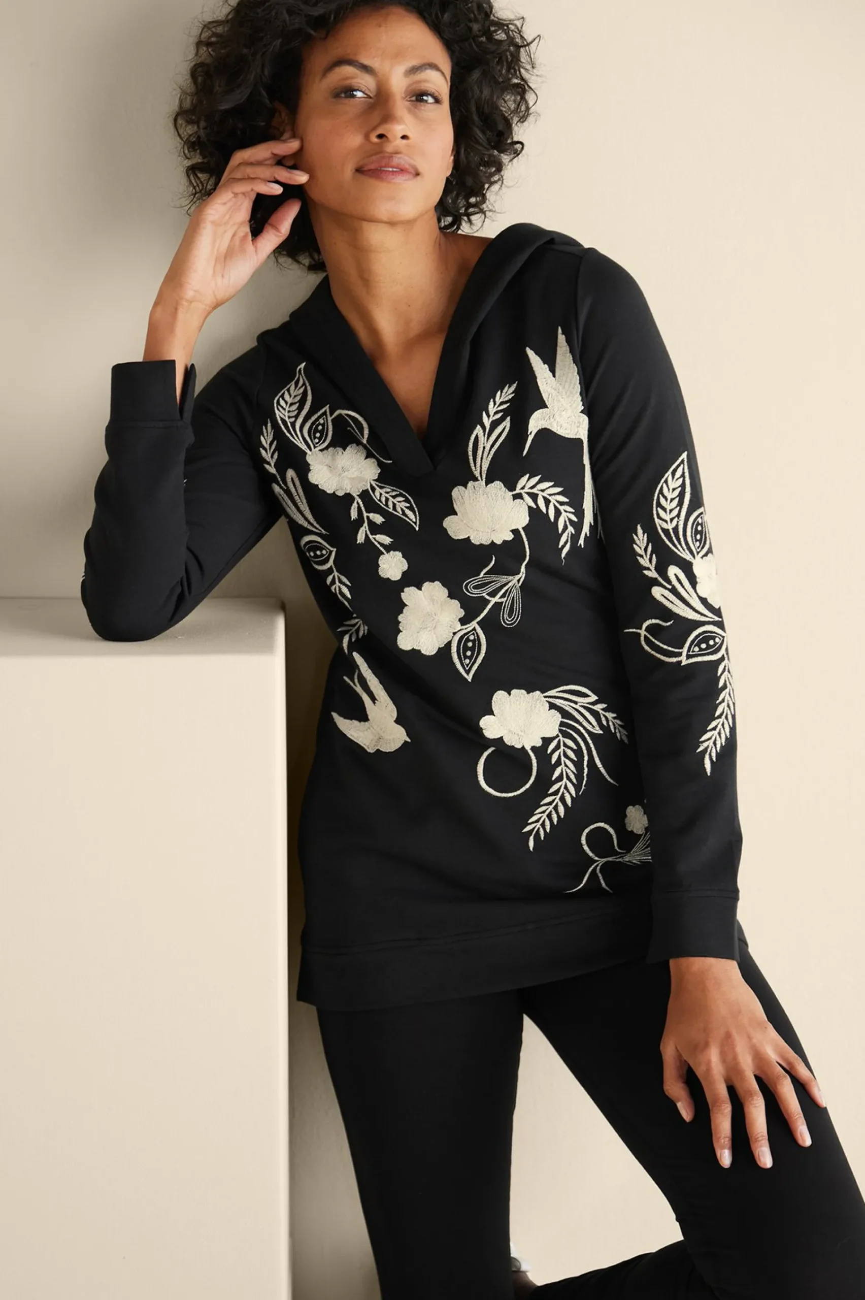 Soft Surroundings Miraflores Embroidered French Terry Hoodie> Wear Now Styles|long sleeve
