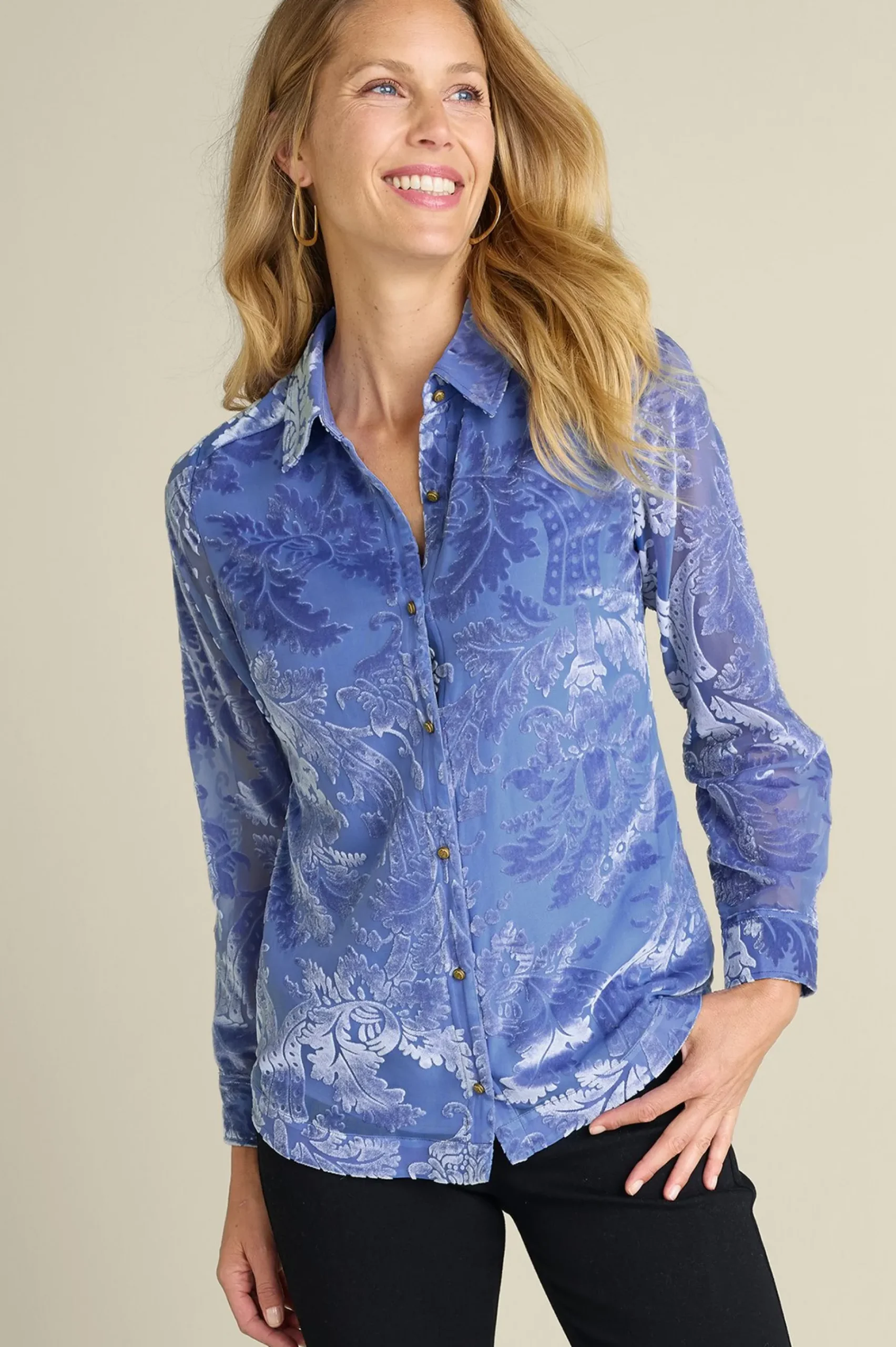 Soft Surroundings Petites Floreat Velvet Shirt> Feminine Flourish|Into The Blues