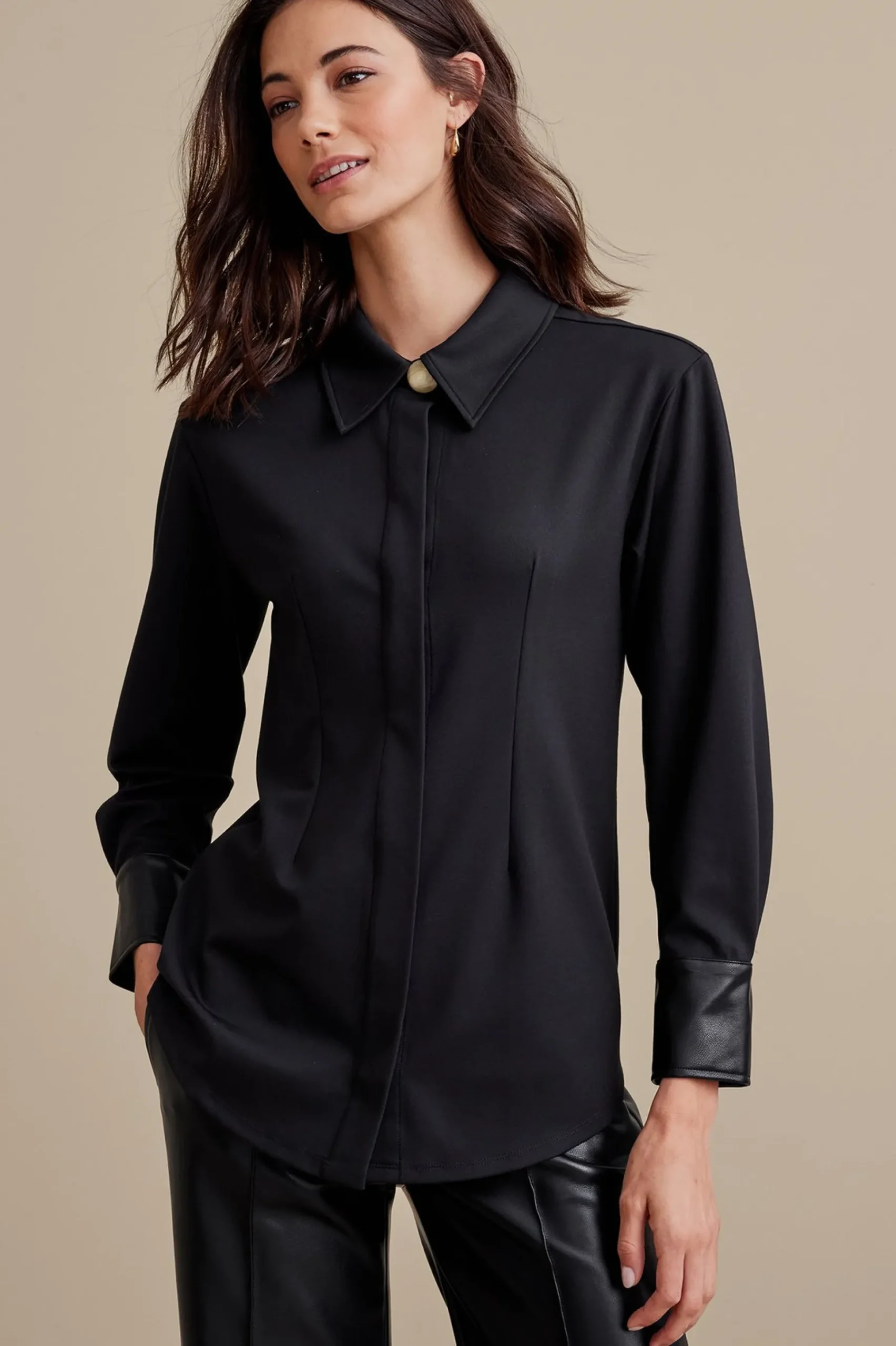 Soft Surroundings Petites Mattea Faux Leather Cuff Tunic> long sleeve|shirts