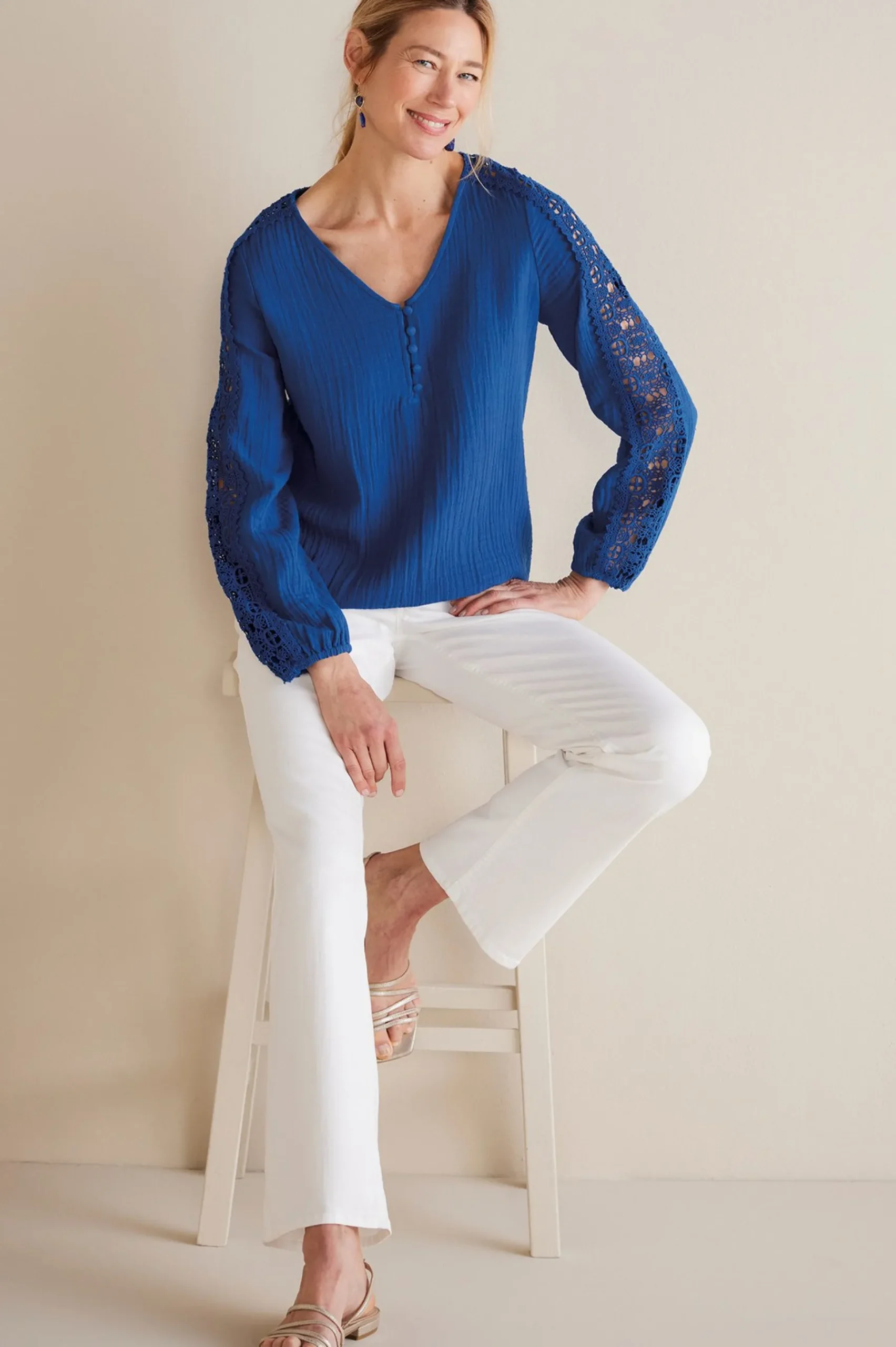 Soft Surroundings Petites Melinda Gauze & Crochet Top> Feminine Flourish|Into The Blues