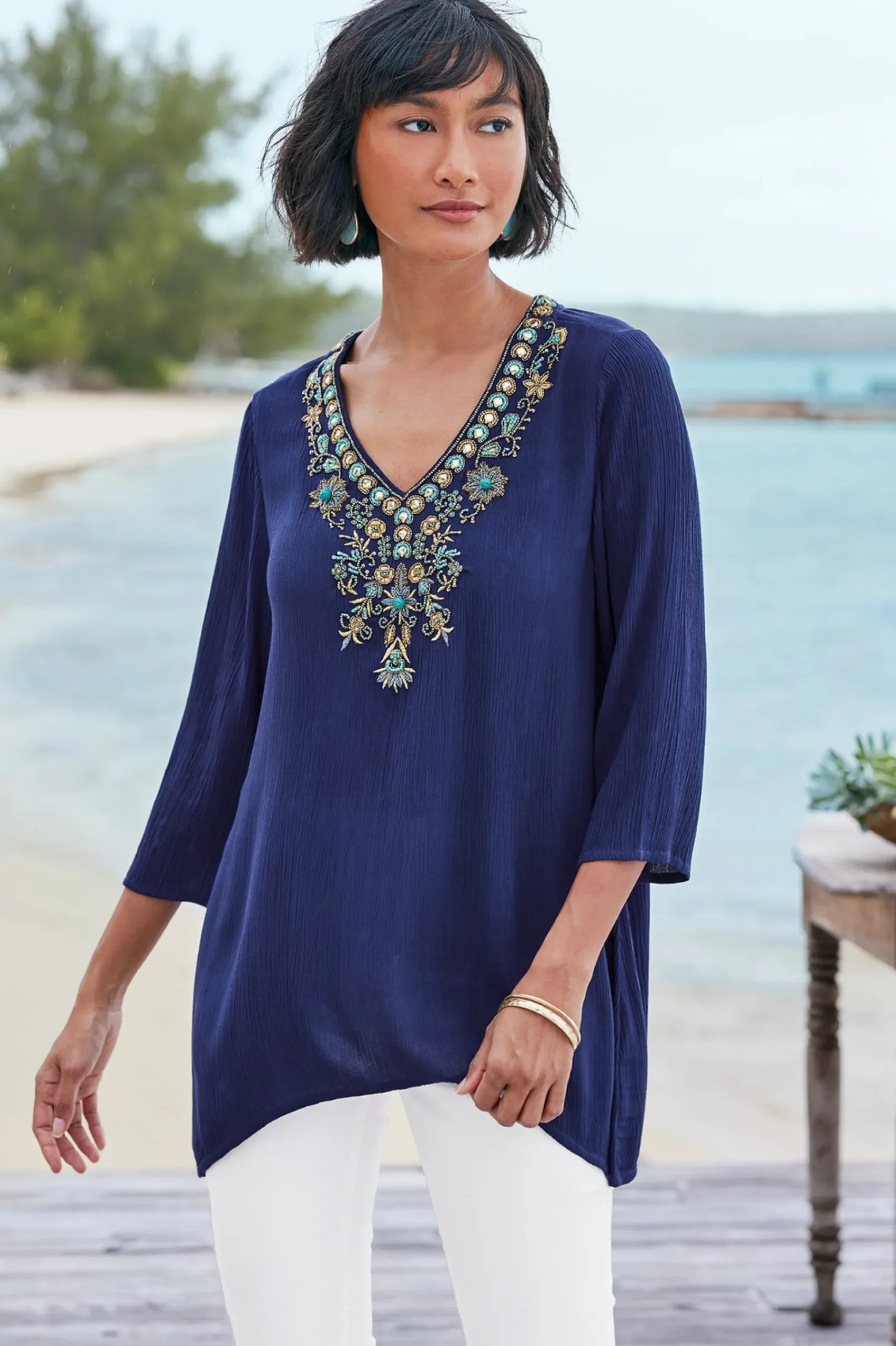 Soft Surroundings Petites Paulina Gauze Pullover> Feminine Flourish|Into The Blues