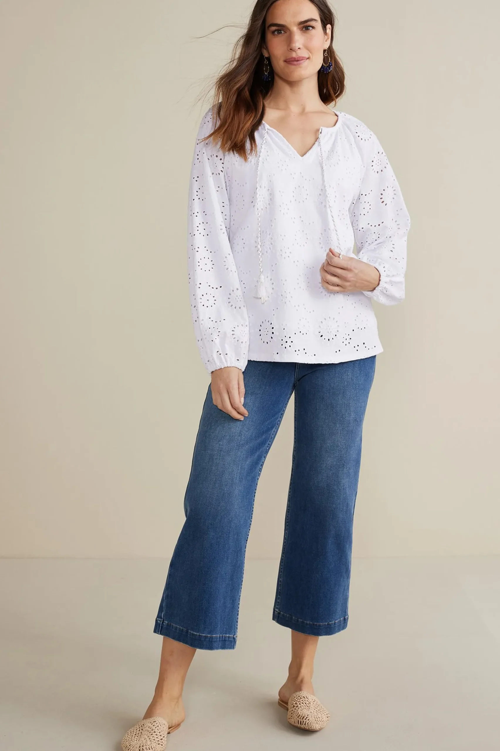 Soft Surroundings Petites Rhiannon Eyelet Peasant Top> Feminine Flourish|Global Artistry