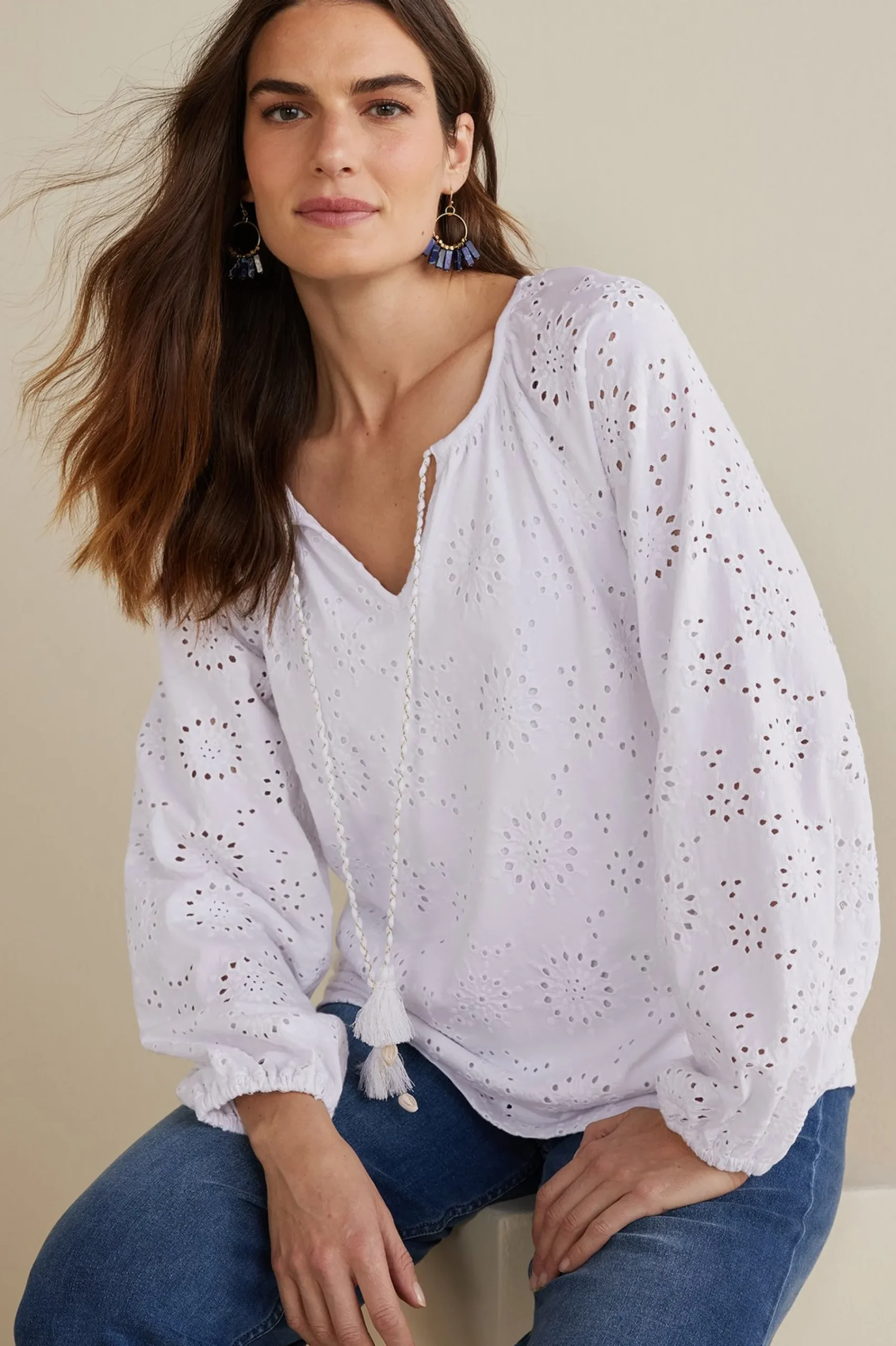 Soft Surroundings Petites Rhiannon Eyelet Peasant Top> Feminine Flourish|Global Artistry