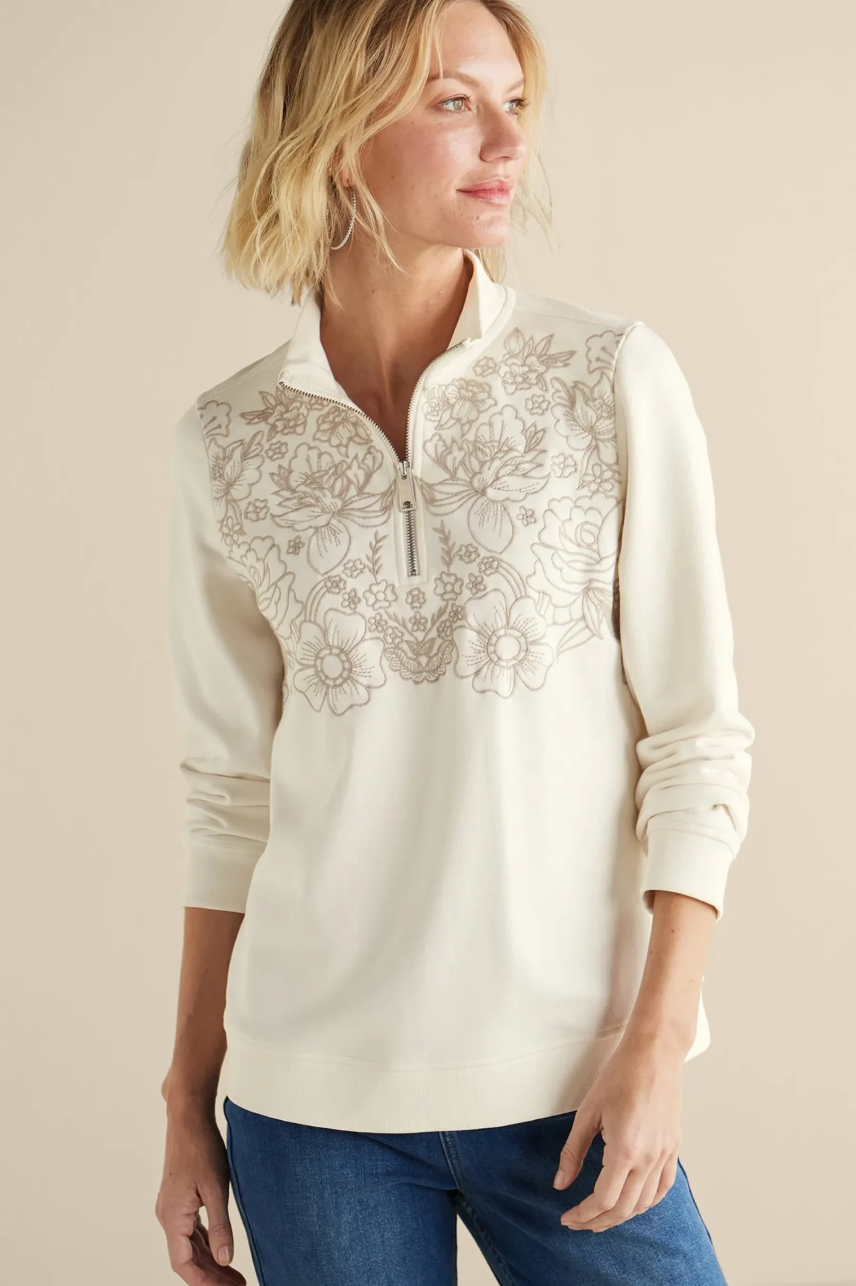 Soft Surroundings Rochelle Embroidered French Terry Pullover> Feminine Flourish|Wear Now Styles